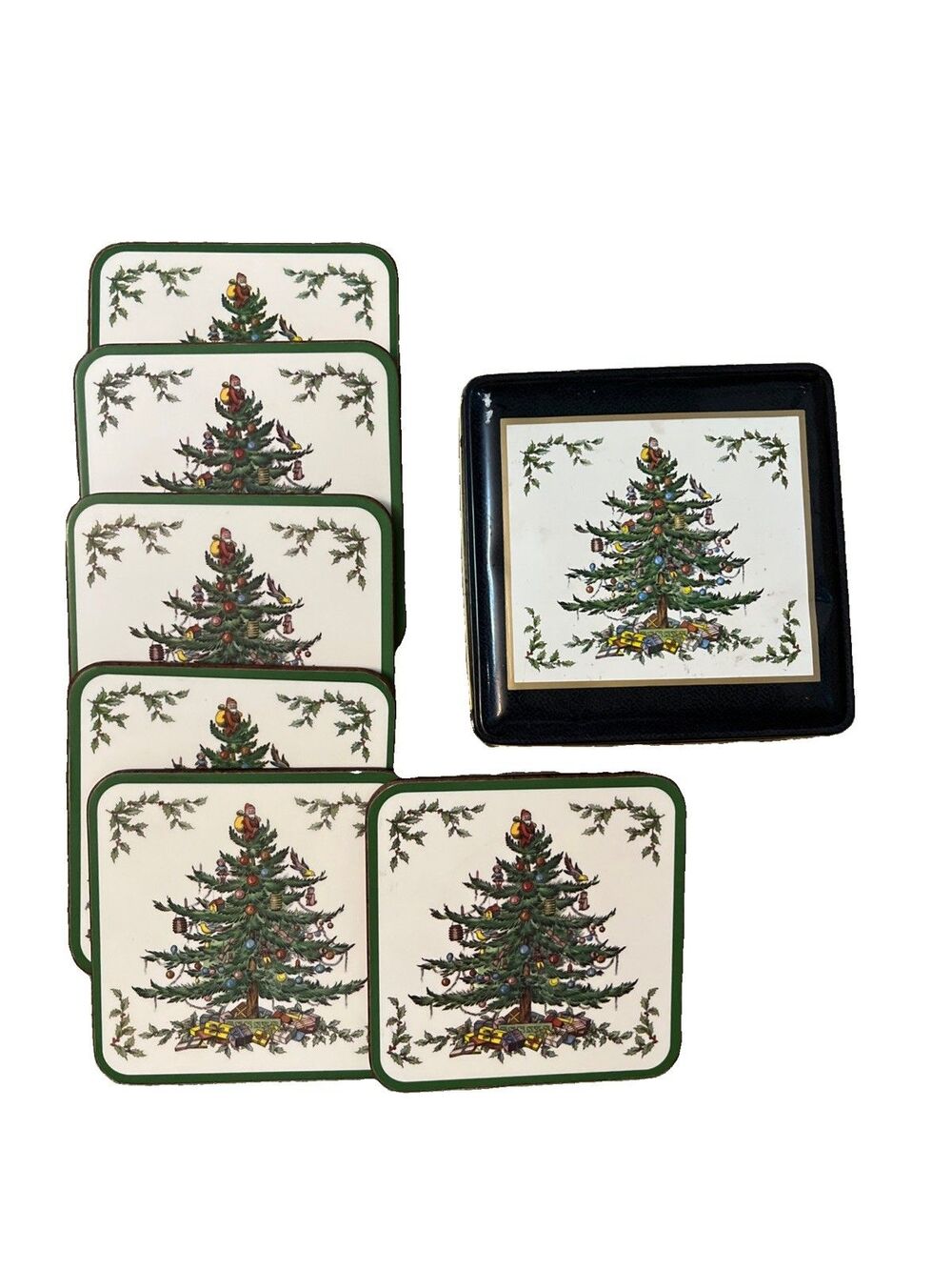 Spode Christmas Coasters Pimpernel Cork Tree Holiday Collectors Tin Vtg